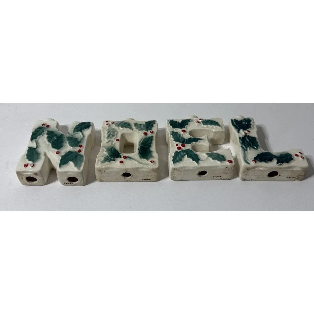 Vintage Ceramic NOEL Letters Christmas Mini Candlestick‎ Set Kitschy Retro Japan